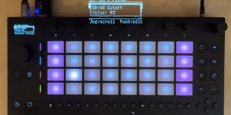 Ableton Move hardware, compact grid-based standalone groovebox, running Move Everything, showing overlay of (streamed) display wit OB-Xd open source Oberheim model and cutoff parameter