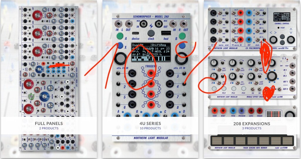 Northern Lights Eurorack modules, with cute Buchla-style controls and color scheme and some nice displays, plus -10% scrawled in red over top.