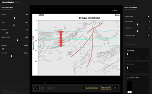 SonicSketch DAW interface with audio controls, post-processing for image, and audio effects. In the center, the Indaw Anticline visualized seismic data, with a waveform puck in red moving across a teal path through the black and white image.
