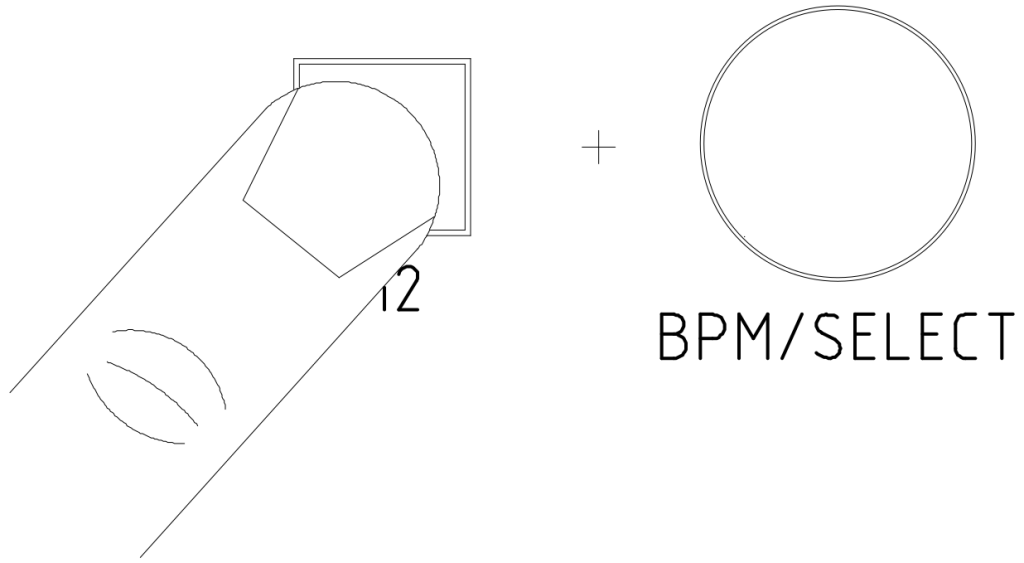 Trig condition illustration, showing a wireframe finger depressing a step button, and the BPM/SELECT knob.