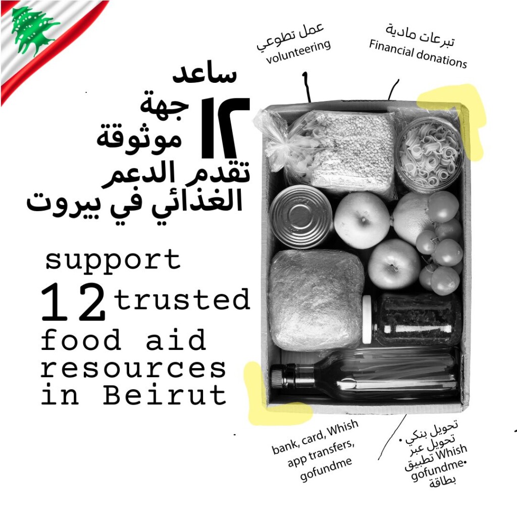 "support 12 trusted food air resources in Beirut" showing box with supplies: volunteering, financial donations, bank card, Whish app transfers, gofundme, and food, supplies, lentils, fruit, and canned goods.