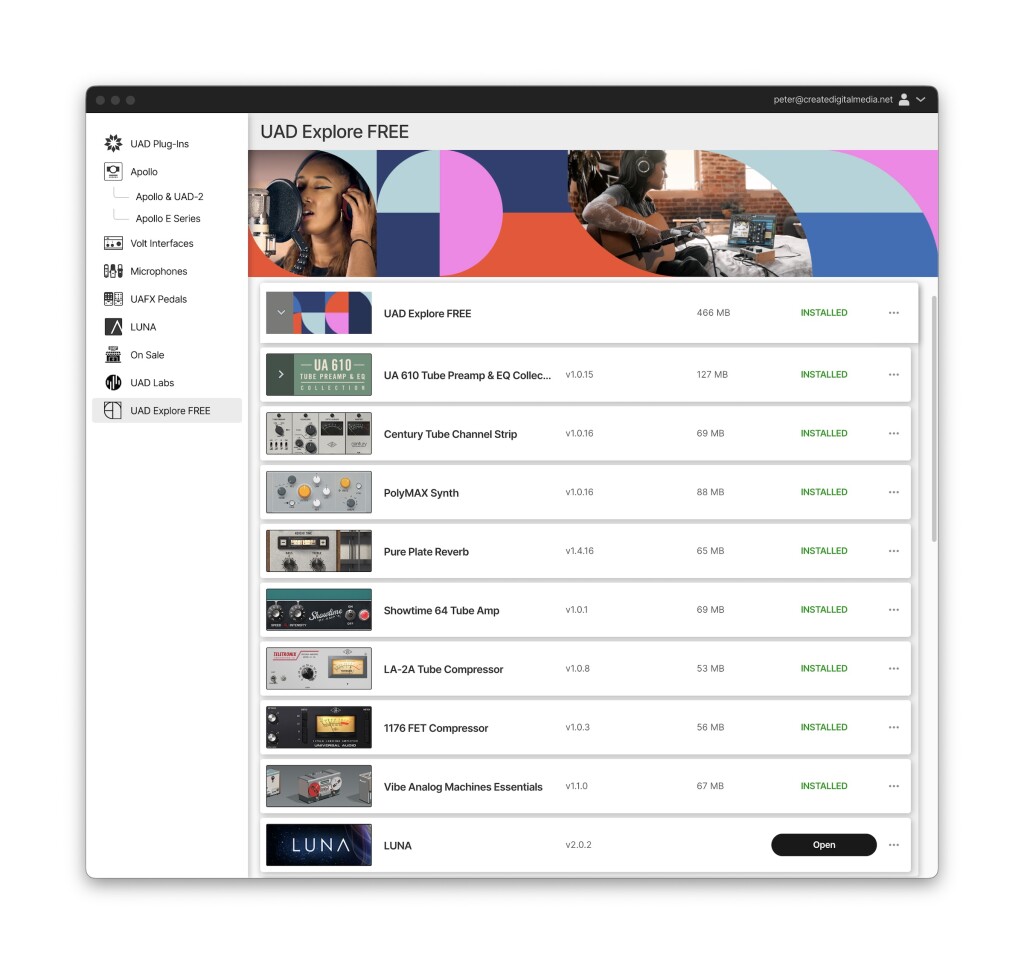 You can now get eight of UA’s best plug-ins free, plus the free LUNA DAW