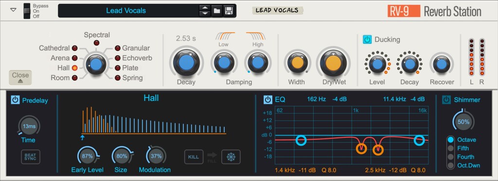 RV-9 Reverb with Hall algorithm selected, algorithmic tap visualization, parametric EQ view, modes (room, hall, arena, cathedral, spectral, granular, echoverb, plate, spring), decay and damping, and ducking, plus shimmer!