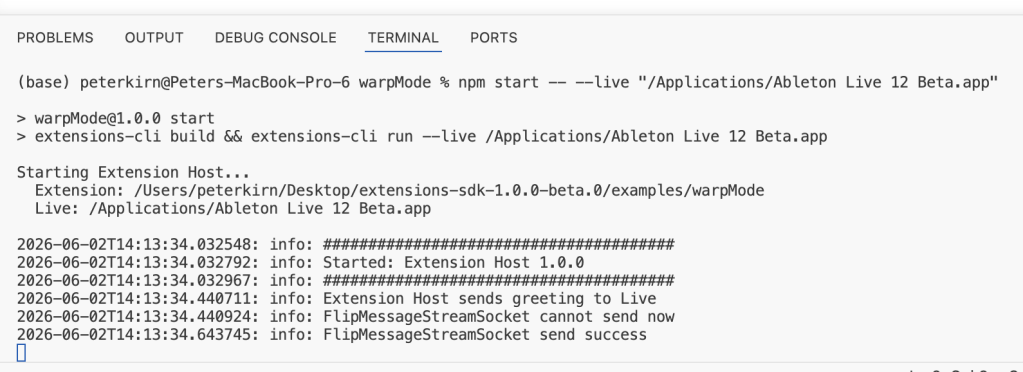 CLI output from npm start -- --live "/Applications/Ableton Live 12 Beta.app"