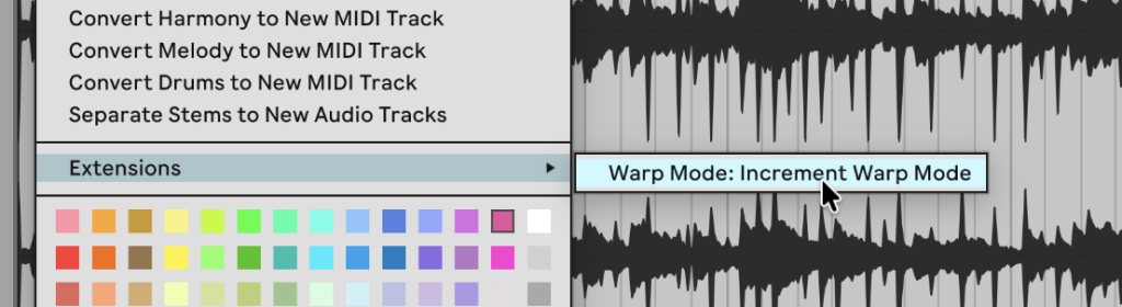 Pop-up menu from ths submenu Extensions: "Warp Mode: Increment Warp Mode."