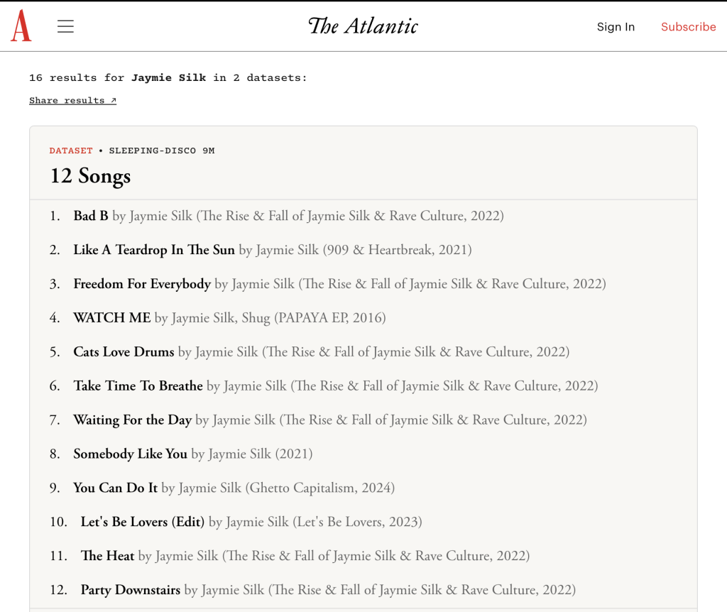Jaymie Silk song results, showing over a dozen tracks.