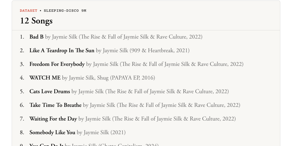 Jaymie Silk song results, showing over a dozen tracks.