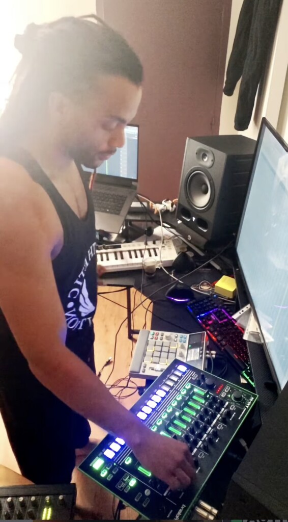 Jaymie playing -- via Instagram -- framed by Yamaha reface, MPC Sample, first-gen AIRA TR-8 from Roland.