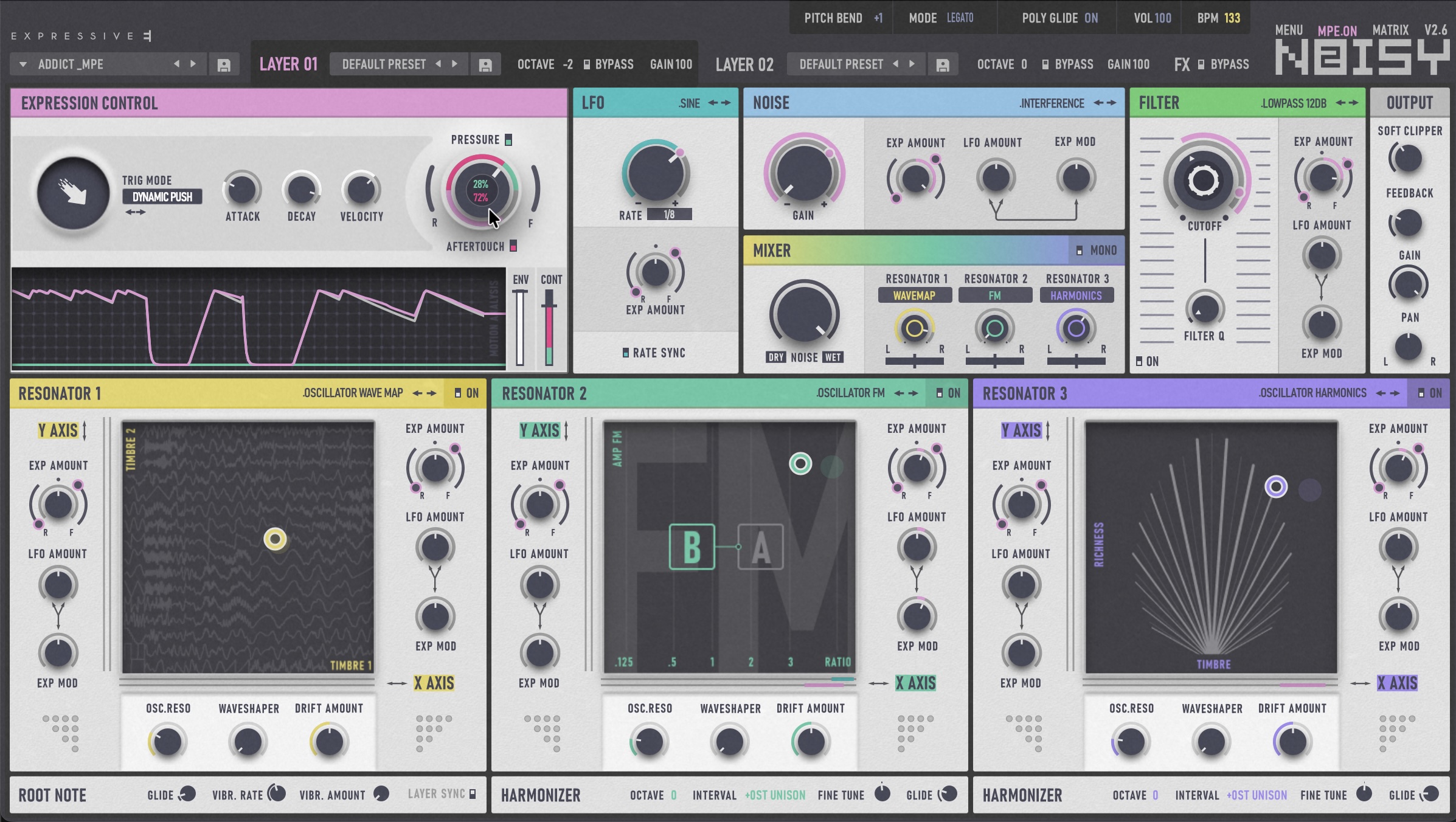 In Expressive E’s Noisy 2.6 synth, expression everywhere, MIDI to MPE