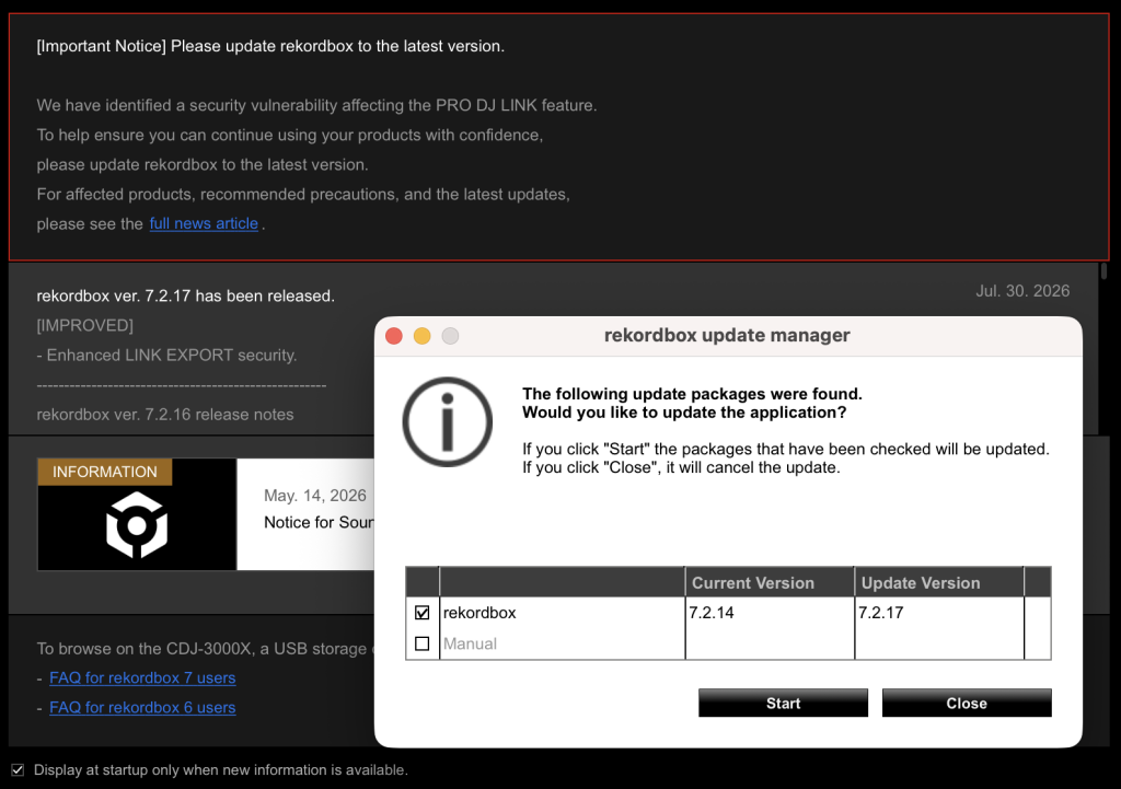 rekordbox update manager dialog prompting for 7.2.17 update, in front of "Important Notice: Please update rekordbox to the latest version."