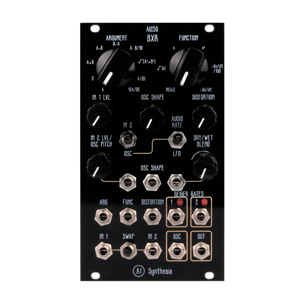 Front panel in black, showing parameter knobs for in 1 and 2 level, oscillator pitch