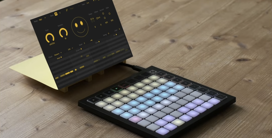 Virtual rendering of the Sting UI with knobs, piano roll view, and smiley face, angled next to a Novation Launchpad controller with light-up grid.