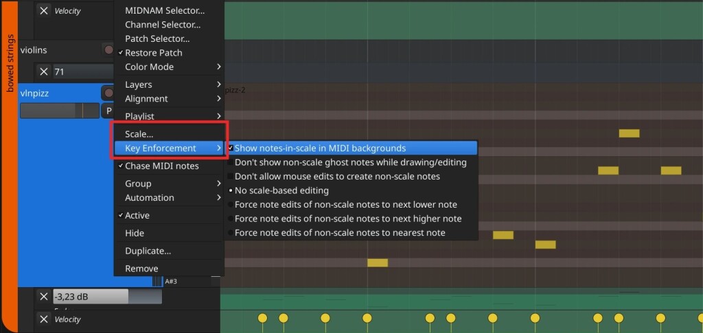 Early Scale Editor screenshot, hovering over MIDI piano roll view with automation. Shows current scale, Tuning System (Twelve Tone), key and mode, Remove Scale option, and a circular visualization of scale steps.