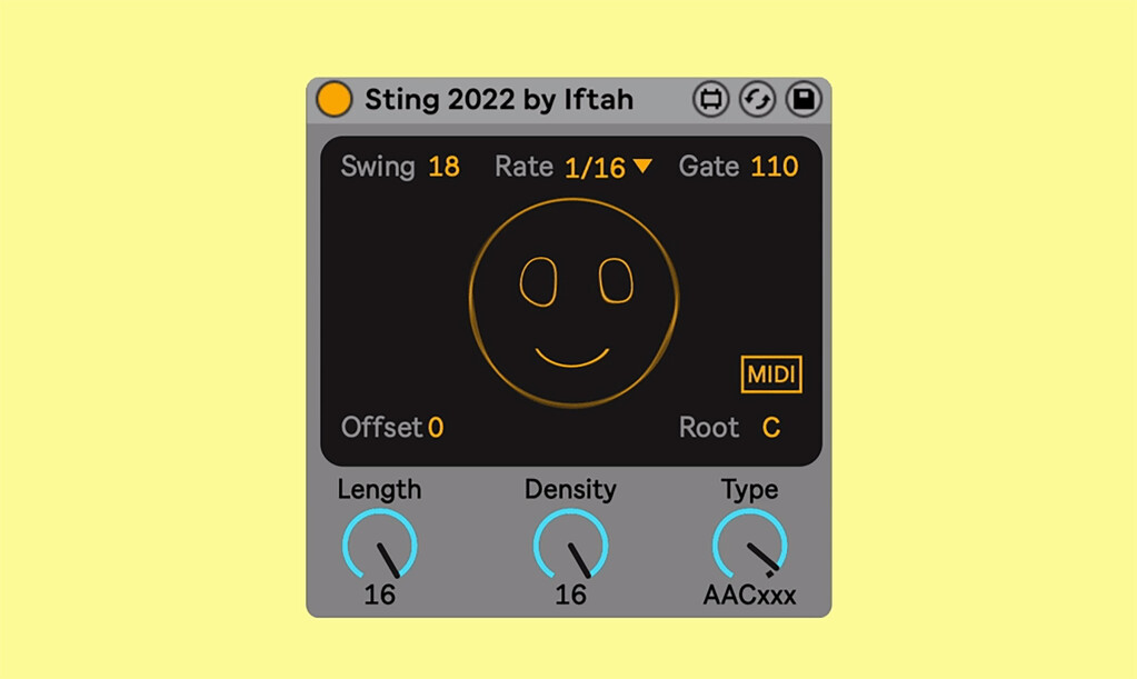 Sting 2022 by Iftah Max for Live design with updated UI, big length, density, and type knobs, various options and MIDI toggle, plus the signature smiley face.