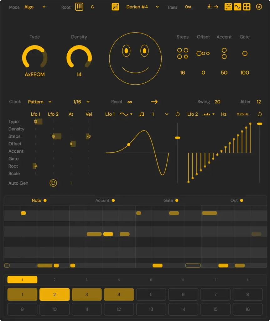 Modern Sting plug-in UI with steps, offset, accent, and gate, scale controls, modulation section, scenes, MIDI piano roll, and a ton of other options.