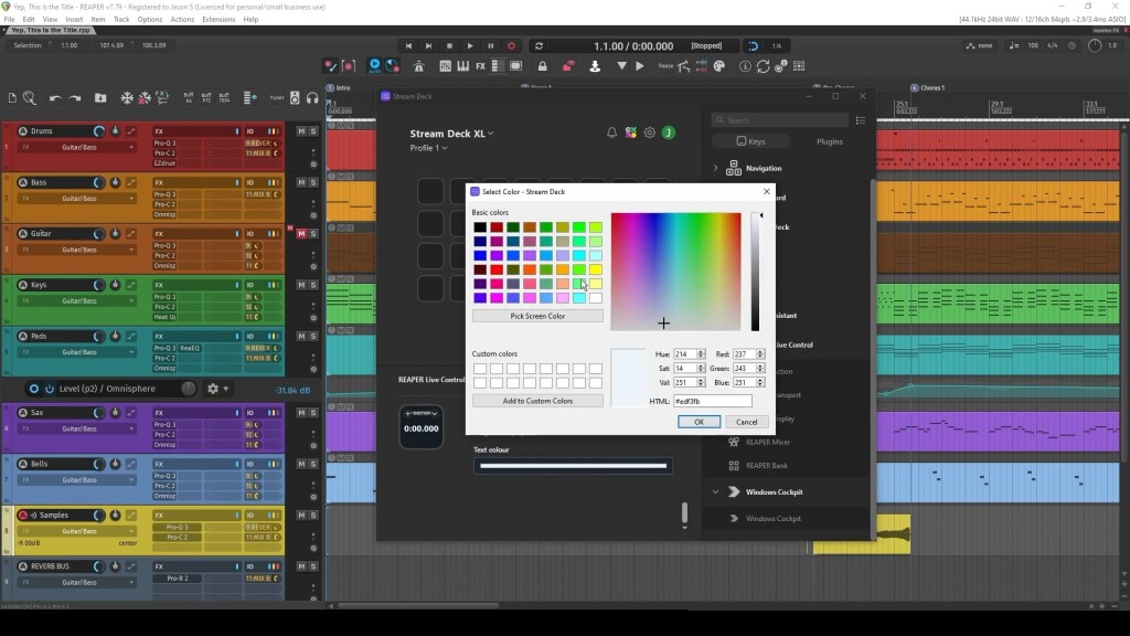 Reaper DAW with pop-up customizing Stream Deck, showing color picker, custom buttons and editing.