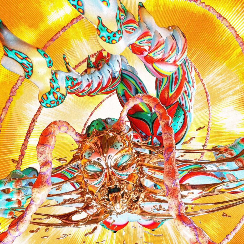 A vibrant, gold-and-red human-catterpillar-butterfly hybrid bursts out of a splash of gold, turquoise and red patterning, large antennae, and great proboscis and eyes. Cover image of the album, artwork by Jingxin Wang.