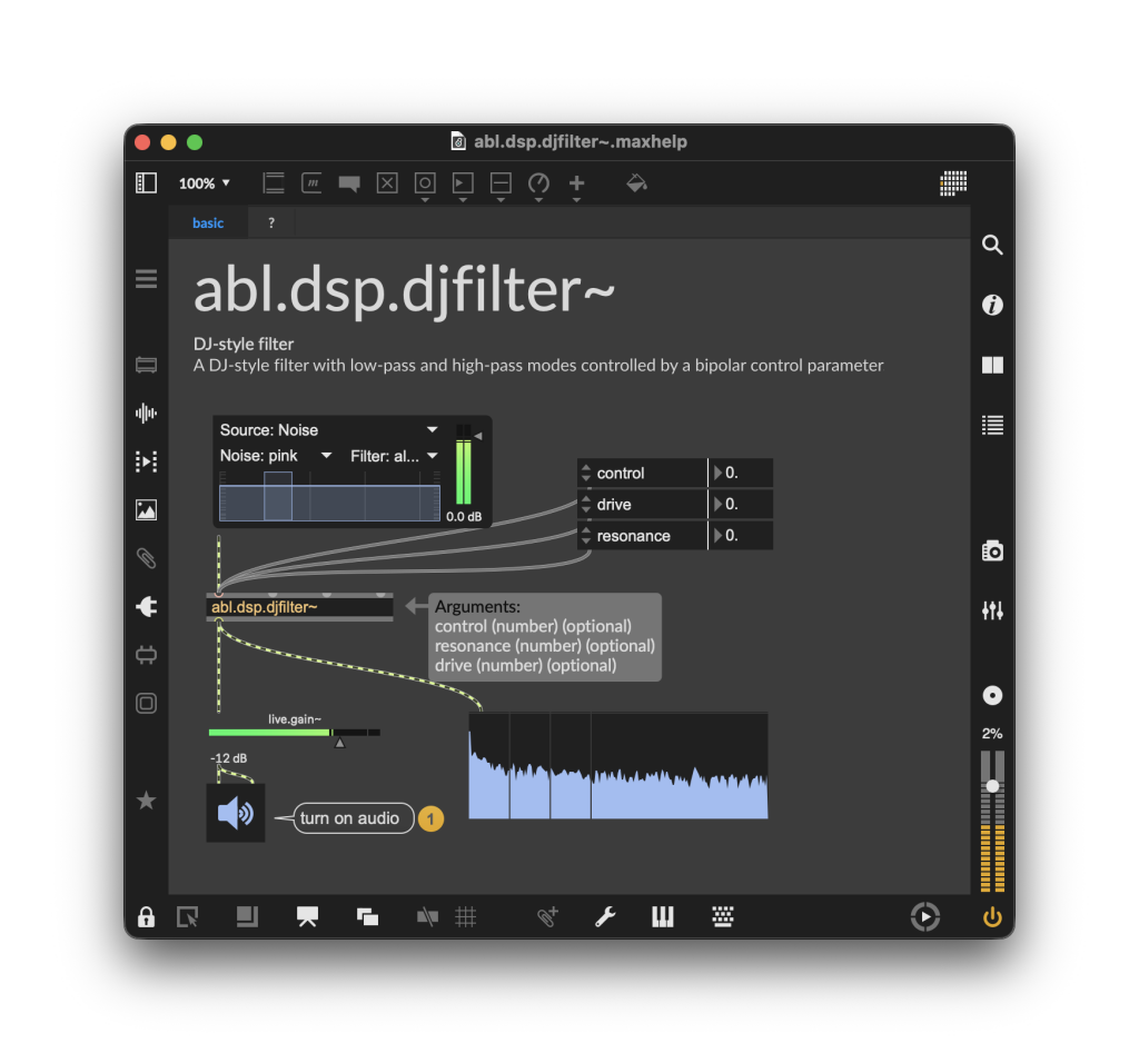 abl.dsp.djfilter~ help file, the DJ-style filter from Live with "low-pass and high-pass modes controlled by a bipolar control parameter"