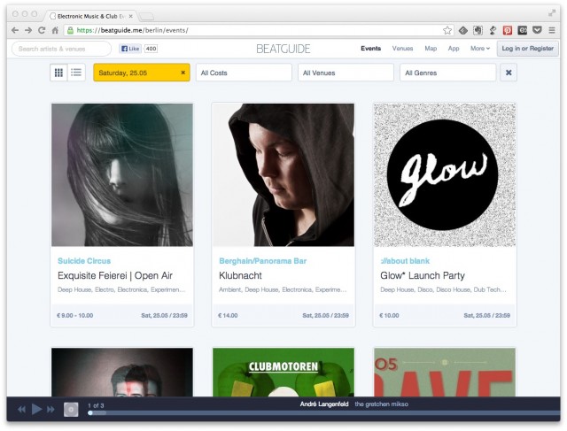 Beatguide's guide to electronic music events combines event metadata with listening.