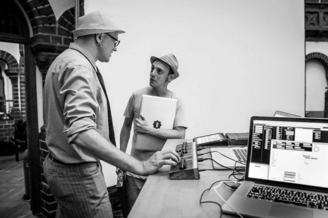 Cristian Vogel comes face to face - and fedora to fedora - with Robert Henke (Monolake). A meeting of two minds who helped define experimental music in the 90s - and continue to do so today. From Monday night. Photo Joi Bix Photography, courtesy Krake Festival.