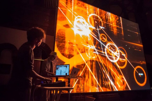 Monolake was joined yet again Monday by visual collaborator Tarik Barri; Tarik helmed the visual half of his homebrewed audiovisual toolkit. Photo courtesy Krake Festival.