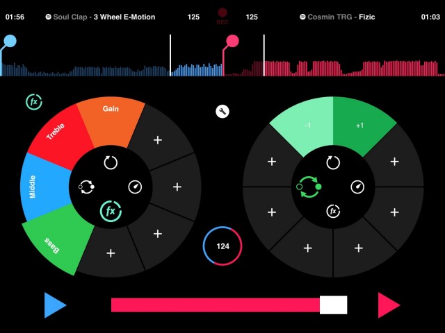 Tapping the icons in the center of the decks pulls up cleverly-designed, elegant interfaces for cues, beats, and effects.